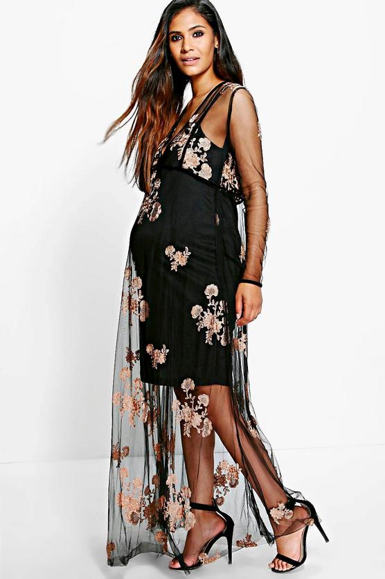 Maternity Sophie Embroidered Mesh Panel Detail Maxi Dress